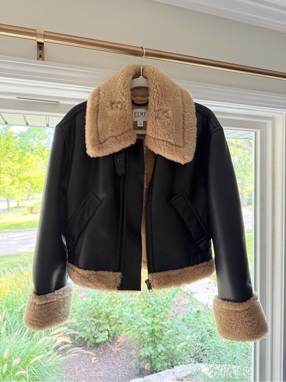 Jason Wu Black Bomber Jacket with Tan Shearling Trim